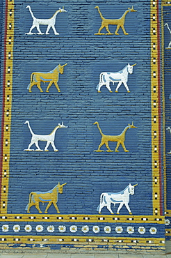 Close-up of Bull of Adad and other symbols on the Ishtar Gate, Babylon, Mesopotamia, Iraq, Middle East