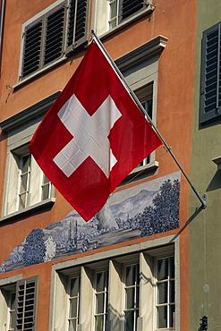 Swiss flag, Zurich Old Town, Switzerland, Europe