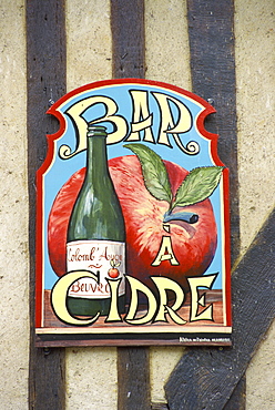 Cider bar sign, Beuvron en Auge, Auge, Normandy, France, Europe