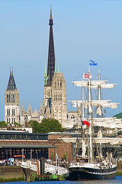 The Belem 3 masts sail boat, at Rouen, on the river Seine, in the background Notre Dame cathedral, Rouen, Normandy, France, Europe