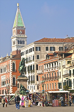 Bronze statue of Vittorio Emanuele by San Marco Canal, and San Marco Campanile, San Marco Quarter, Venice, UNESCO World Heritage Site, Veneto, Italy, Europe