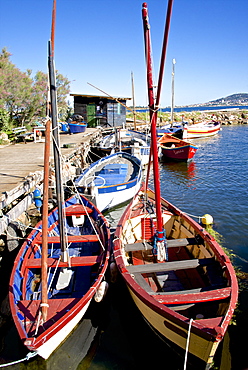 Fishing cabin and ancient fishing boats, Etang de Thau Museum, Bouzigues, Thau basin, Herault, Languedoc, France, Europe