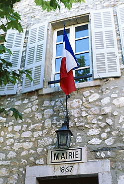 Exterior detail of the town hall and French flag, Ventabren, Provence, France, Europe