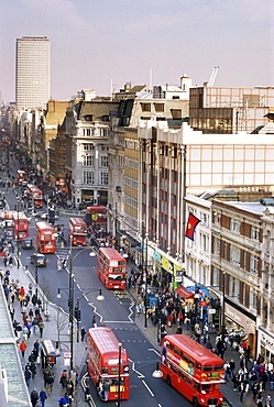 Birds eye view of Oxford Street looking east to Centre Point, London, England, United Kingdom, Europe