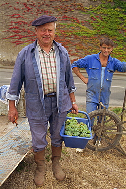 Portrait of two French men standing looking at the camera, one holding a basket of grapes, vignerons, near Nantes, western Loire, France, Europe