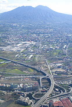 Aerial view of Naples with Mount Vesuvius behind, Campania, Italy, Europe