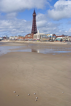 Overlooking the beach and Blackpool Tower from the Central Pier, Blackpool, Lancashire, England, United Kingdom, Europe