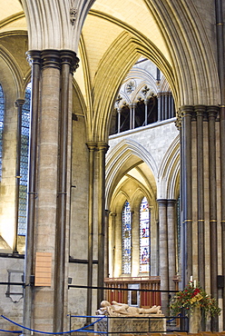 A view of the interior of Salisbury Cathedral with a tomb and effigy of an ancient knight, Salisbury, Wiltshire, England, United Kingdom, Europe