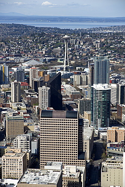 Aerial view of Seattle with the Space Needle from the Skyview Observatory, Washington, United States of America