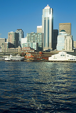 View of Seattle from Bainbridge ferry, Washington state, United States of America, North America