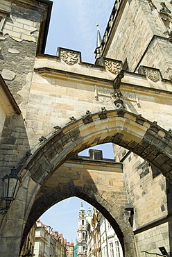 End of Charles Bridge looking towards Mala Strana, Prague, Czech Republic, Europe