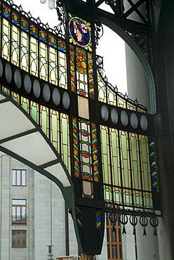 Stained glass Art Nouveau (Jugendstil) detail, Municipal House, Prague, Czech Republic, Europe