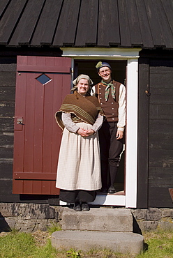 Workers in costume, the Arbaejarsafn Open Air Museum of traditional housing throughout Iceland, Ellidaar Valley, Reykjavik, Iceland, Polar Regions