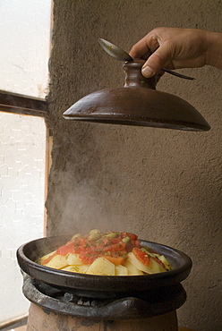 Tagine, typical Moroccan food and pot, Cafe Atlas, Imlil, High Atlas Mountains, Morocco, North Africa, Africa