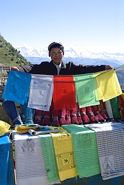 Selling prayer flags, Ganden Monastery, near Lhasa, Tibet, China, Asia