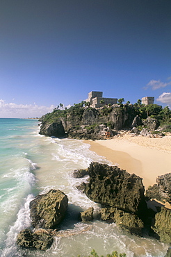 Beach and Mayan temple, Tulum, Yucatan, Mexico, North America