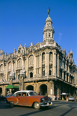 Old American car and the Opera House, Havana, Cuba, West Indies, Central America