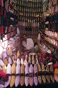 Man selling babouches (slippers), Marrakesh, Morocco, North Africa, Africa