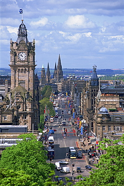 City skyline and high level view over Princes Street, city centre, Edinburgh, Lothian, Scotland, United Kingdom, Europe