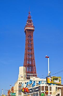 Blackpool tower and illuminations during the day, Blackpool, Lancashire, England, United Kingdom, Europe