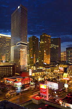 Night panorama of modern architecture with new hotels, including the Aria Resort Hotel, Veer Towers condo Hotel, the new Mandarin Oriental Hotel in the CityCenter complex, Las Vegas Boulevard South, The Strip, Las Vegas, Nevada, United States of America, North America