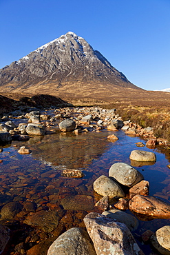 Buachaille Etive Mor and reflection in the River Coupall at the head of Glen Etive, Glen Coe end of Rannoch Moor, Highlands, Scotland, United Kingdom, Europe