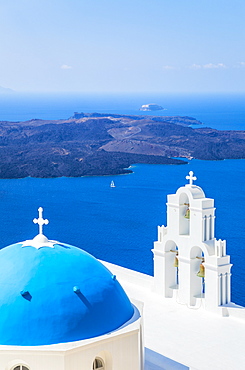 Blue dome and bell tower, St. Gerasimos church, Firostefani, Fira overlooking the Aegean Sea, Santorini (Thira), Cyclades Islands, Greek Islands, Greece, Europe