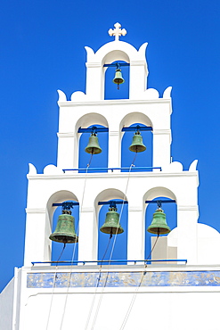 Greek church bell tower of Panagia Platsani, Oia, Santorini (Thira), Cyclades Islands, Greek Islands, Greece, Europe