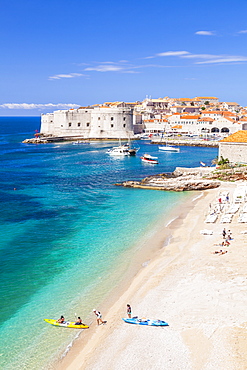 Banje beach, Old Port and Dubrovnik Old Town, Dalmatian coast, Dubrovnik, Croatia, EU, Europe