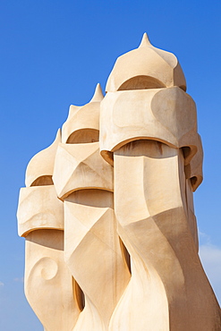 Chimney sculptures on the roof of Casa Mila (La Pedrera) by Antoni Gaudi, UNESCO World Heritage Site, Barcelona, Catalonia (Catalunya), Spain, Europe