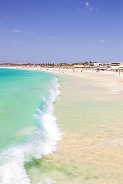 Waves breaking on the sandy beach in Santa Maria, Praia de Santa Maria, Baia de Santa Maria, Sal Island, Cape Verde, Atlantic, Africa