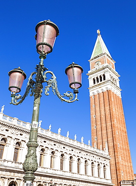 Campanile tower, traditional Venetian lamp post, Piazzetta, St. Marks Square, Venice, UNESCO World Heritage Site, Veneto, Italy, Europe