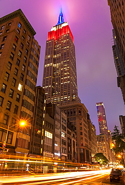 Empire State building at night, Fifth Avenue, traffic light trails, Manhattan, New York, United States of America, North America