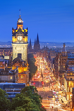 Princes Street, Balmoral Hotel and Edinburgh City centre at night, Edinburgh, Midlothian, Scotland, United Kingdom, Europe