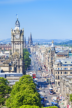 Busy traffic on Princes Street, city centre and Edinburgh skyline, Edinburgh, Midlothian, Scotland, United Kingdom, Europe