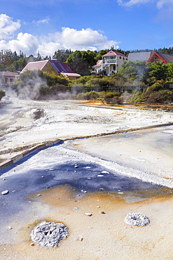 Geothermal Terraces with mineral deposit run off, Whakarewarewa thermal village, Rotorua, North Island, New Zealand, Pacific