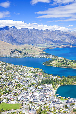 Aerial view of downtown Queenstown town centre, Lake Wakatipu and The Remarkables mountain range, Queenstown, Otago, South Island, New Zealand, Pacific