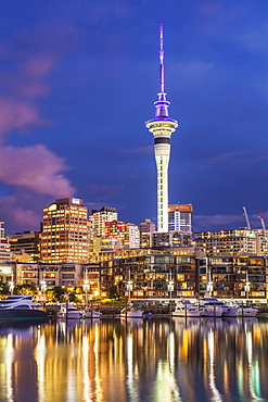 Viaduct Harbour waterfront area and Auckland Marina at night, Auckland skyline, Sky Tower, Auckland, North Island, New Zealand, Pacific