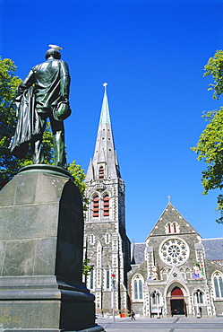 Statue of J R Godley and the Cathedral, Christchurch, Canterbury, South Island, New Zealand