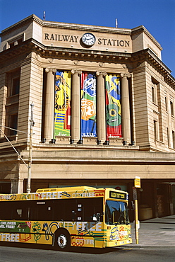 Bus passing the railway station, Adelaide, South Australia, Australia, Pacific