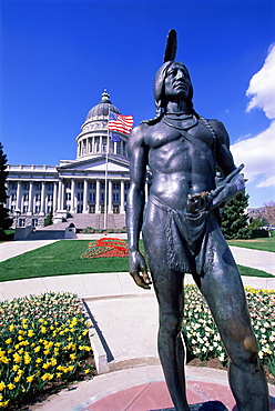 Statue of Native American in front of State Capitol, Salt Lake City, Utah, United States of America, North America