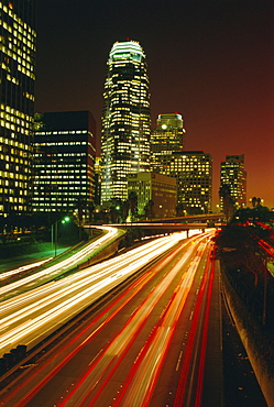 City at night, downtown Los Angeles, California, United States of America (U.S.A.), North America