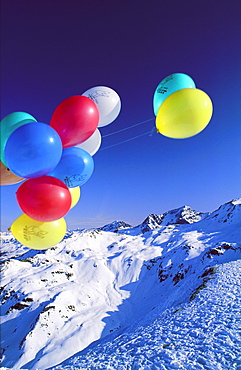 Colourful balloons and mountains, Rhone Alpes