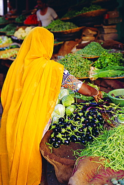 Woman shopping for vegetables at a  market in Jodphur, Rajasthan, India 