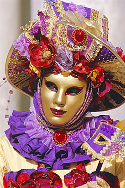 Person wearing masked carnival costume, Venice Carnival, Venice, Veneto, Italy