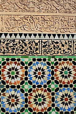 Tile and stucco decoration, Ali Ben Youssef Medersa, Marrakech (Marrakesh), Morocco, Africa