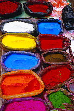 Brightly coloured powder for offerings, Kathmandu, Kathmandu Valley, Nepal, Asia