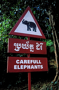 Sign Carefull Elephants, Angkor, Cambodia, Asia