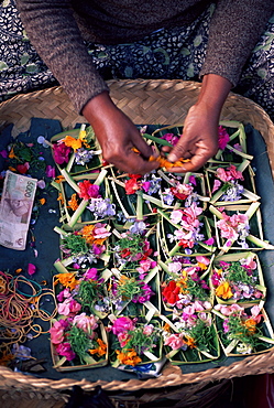 Temple offerings, Mount Batur area, Bali, Indonesia, Southeast Asia, Asia