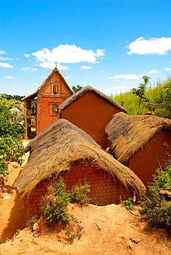 Traditional houses on Hill around Tananarive, Madagascar, Africa